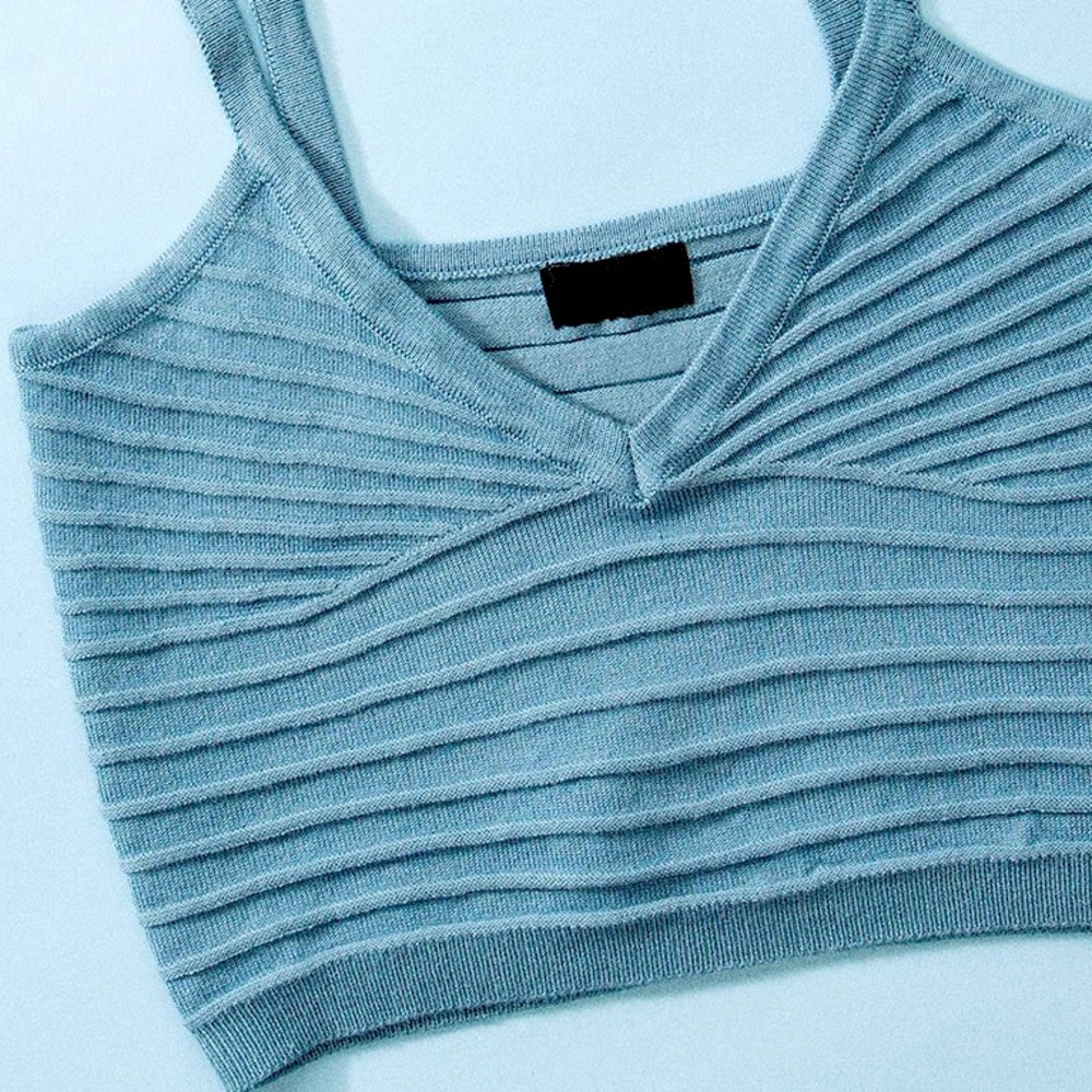 Blue Ribbed Knit Crop Top